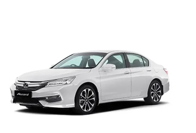 White Honda Accord sedan with sporty alloy wheels and sleek profile, premium executive car from KK car rental