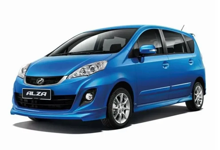 Blue Perodua Alza 1.5 automatic MPV with alloy wheels and seven-seater capacity available at KK Car Rental