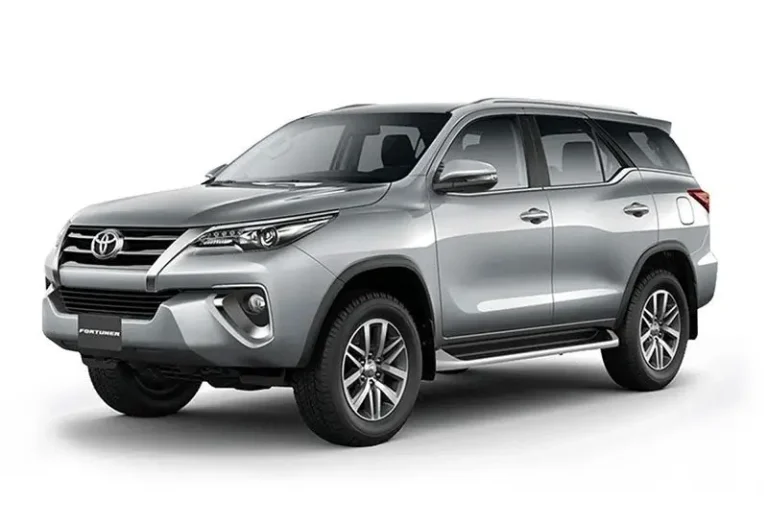Silver Toyota Fortuner 2019 automatic SUV with alloy wheels and rugged styling available at KK Car Rental
