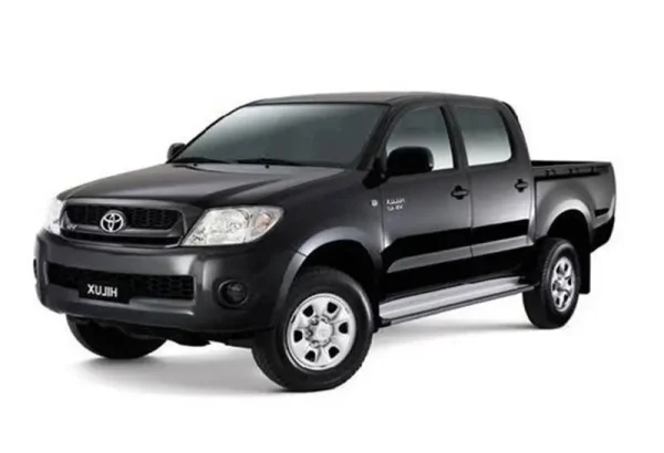 Black Toyota Hilux Vigo 2.5 automatic pickup truck with double cab and alloy wheels at KK Car Rental