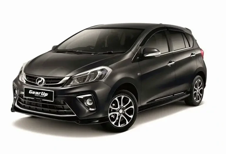 Perodua Myvi in metallic charcoal finish with GearUp styling kit and premium wheels, reliable option at KK car rental