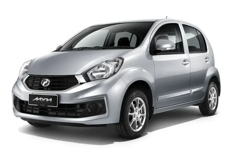 Perodua Myvi in metallic silver finish with sleek design and efficient engine, popular hatchback at KK car rental