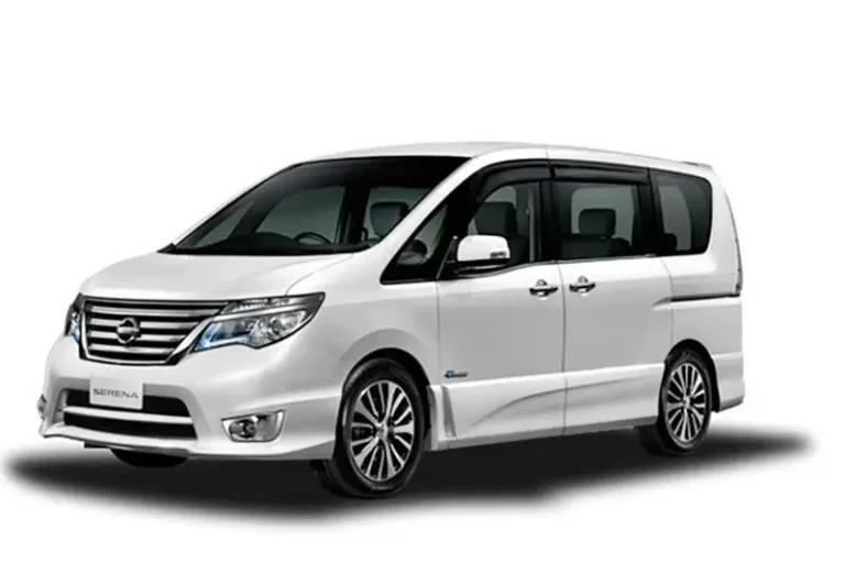 White Nissan Serena automatic MPV with alloy wheels and eight-seater family capacity at KK Car Rental