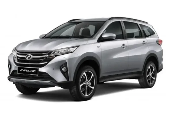 Silver Perodua Aruz 1.5 automatic SUV with alloy wheels and seven-seater capacity at KK Car Rental