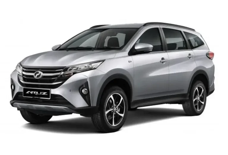 Silver Perodua Aruz 1.5 automatic SUV with alloy wheels and seven-seater capacity at KK Car Rental