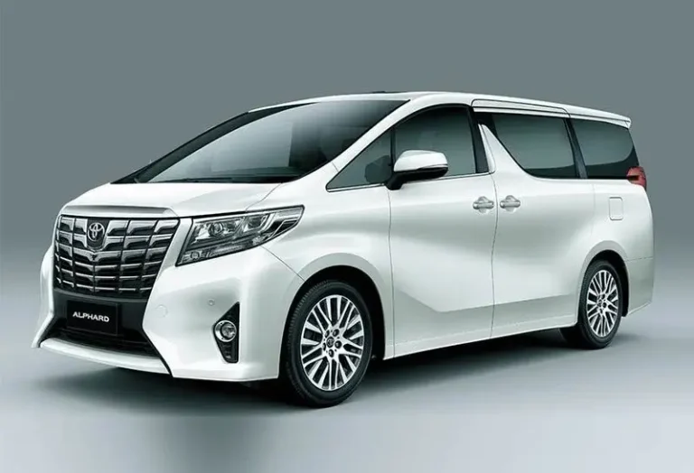 KK Car Rental offers white Toyota Alphard auto executive MPV with elegant design and comfort features