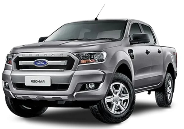 Ford Ranger pickup in metallic silver finish with robust design and chrome accents, reliable truck available at KK car rental