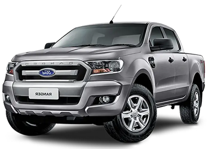 Ford Ranger pickup in metallic silver finish with robust design and chrome accents, reliable truck available at KK car rental