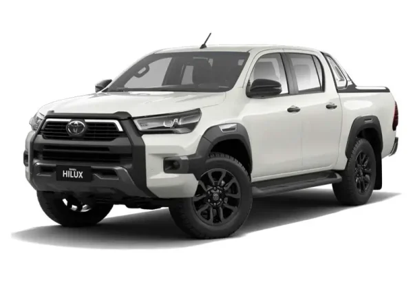 White Toyota Hilux Rogue 2023 pickup truck with black accents and alloy wheels, rugged vehicle from KK car rental