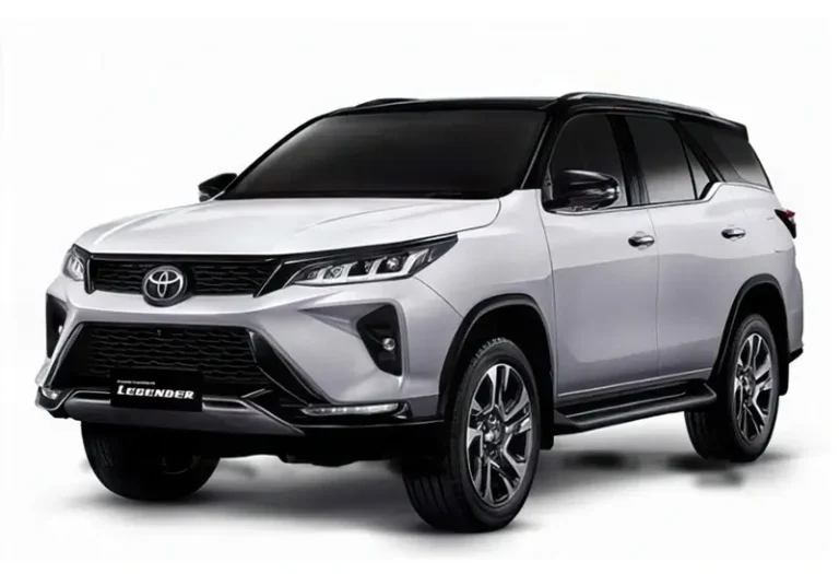 Modern Toyota Fortuner in two-tone silver finish with bold grille design, premium SUV option from KK car rental