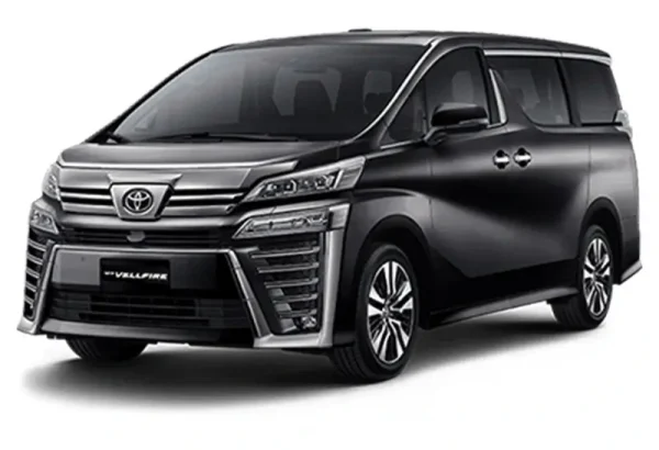 Sleek Toyota Vellfire 2.5 turbo minivan in dark metallic finish, premium option available through KK car rental