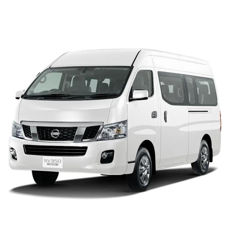 White Nissan NV350 passenger van with spacious seating and modern design available through KK Car Rental