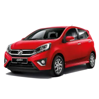 Red Perodua Axia compact hatchback with alloy wheels and fuel-efficient design available at KK Car Rental