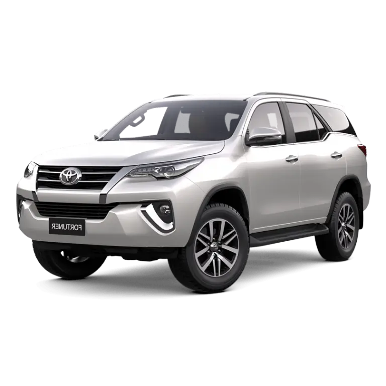 White Toyota Fortuner SUV with alloy wheels and seven-seater capacity available through KK Car Rental