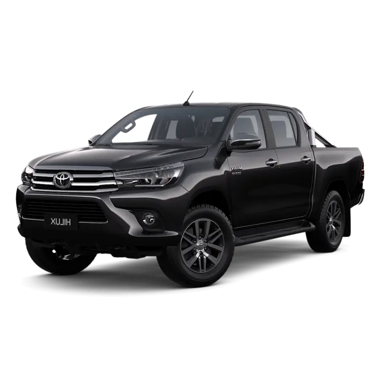 Black Toyota Hilux 4x4 pickup truck with alloy wheels and rugged off-road capability at KK Car Rental