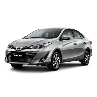 Silver Toyota Vios sedan with alloy wheels and modern four-door design available through KK Car Rental