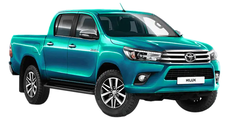KK Car Rental offers green Toyota Hilux double cab pickup with rugged styling and reliable performance